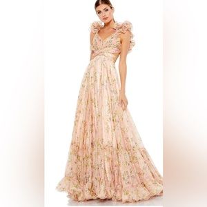 MAC DUGGAL RUFFLE TIERED FLORAL CUT-OUT CHIFFON GOWN